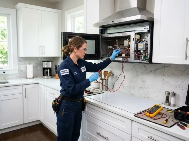 Appliance Repair Hero technician testing an over-the-range microwave in a Brodheadsville, PA kitchen